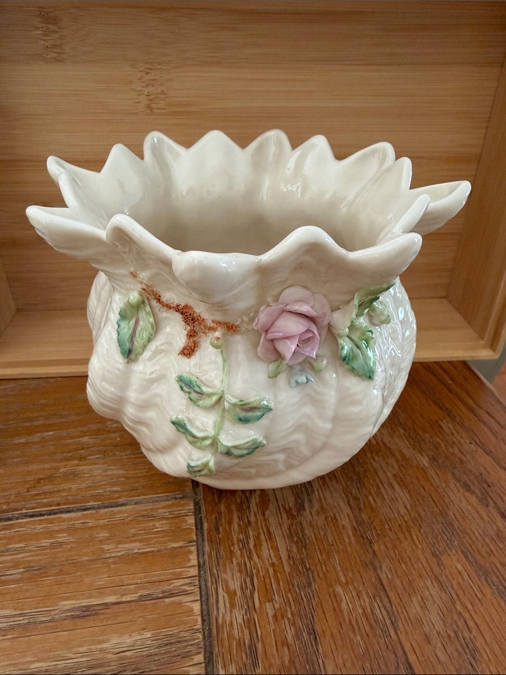 Belleek White Ceramic Vase with Pink Rose and Green Leaf Details